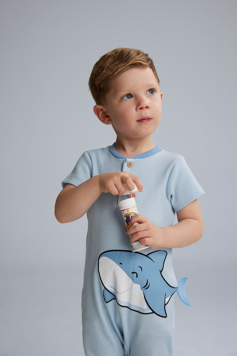 DeFacto Blue BabyBoy Baby Boy Newborn Sea Printed Waffle Jumpsuit Casual - Image 3